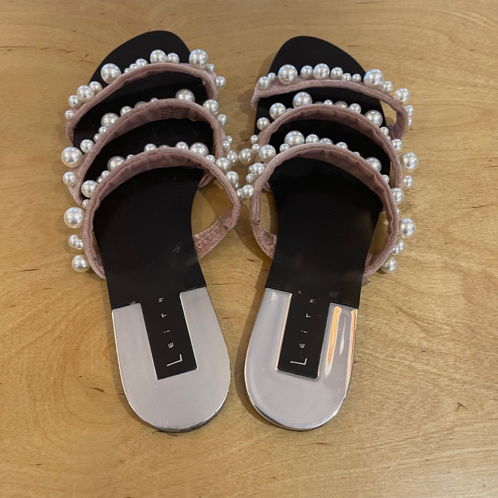 LEITH Pearl Embellished Velvet Flat Sandals Women Size 6.5 Pink Slip On - Picture 3 of 5